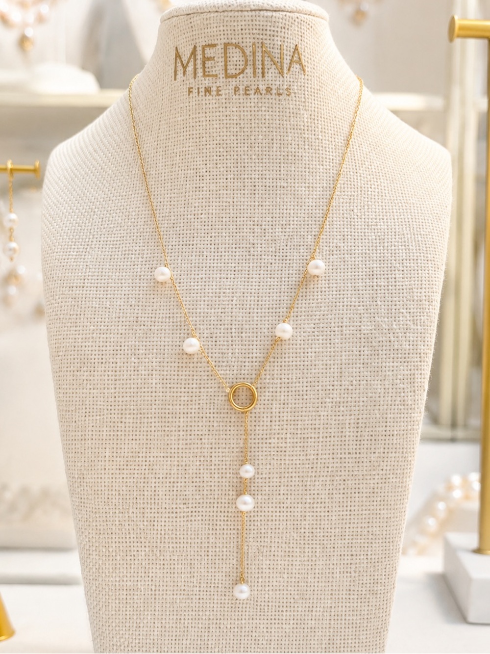 New Medina fine pearls Gold fresh water Pearl Lariat Necklace - White Pearls